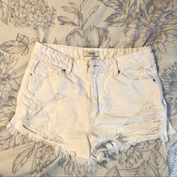 High Rise White Denim Ripped Shorts - Picture 1 of 6